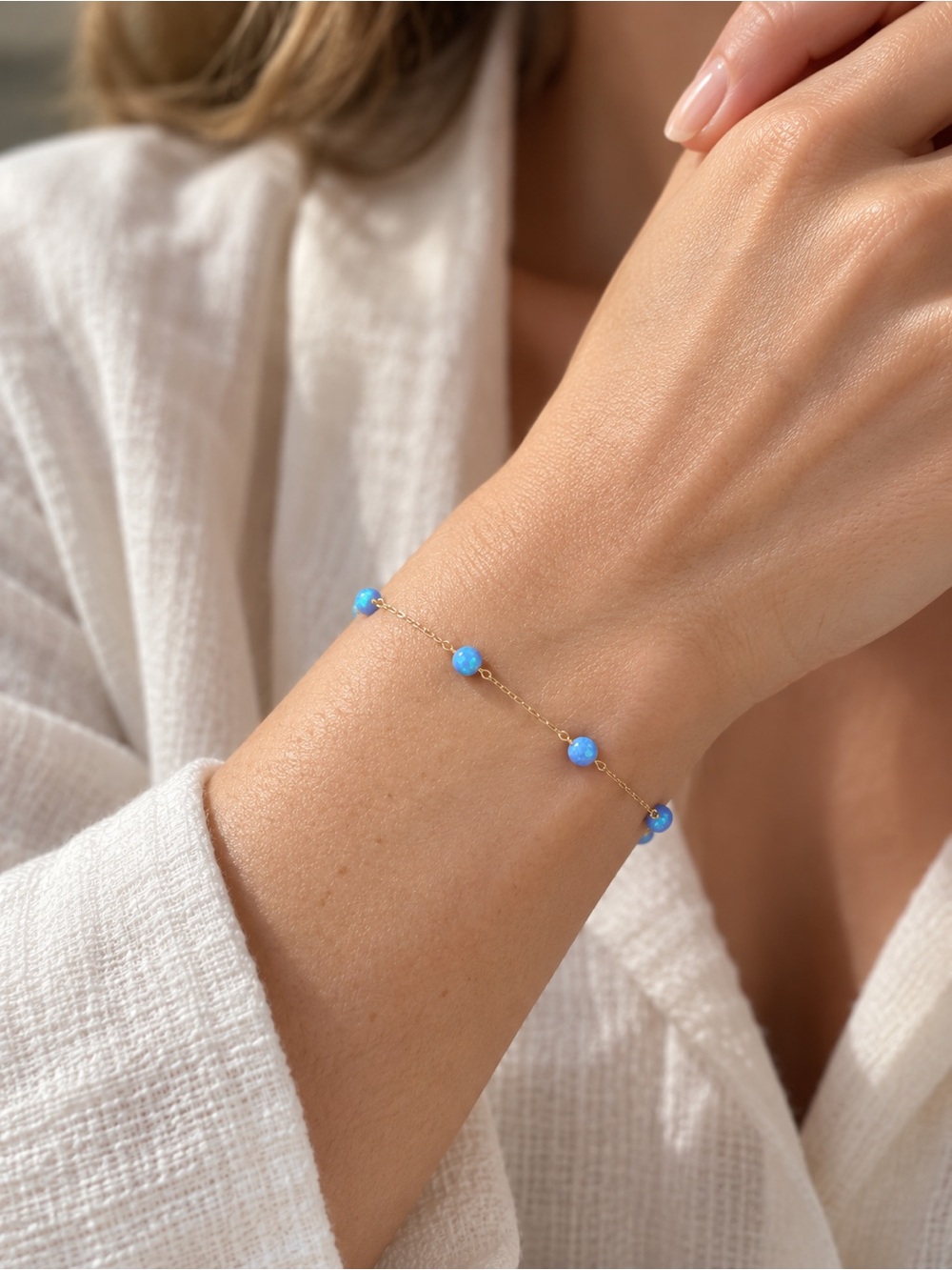 14K Yellow Gold & Blue Opal
Station Bracelet - 9 Beads